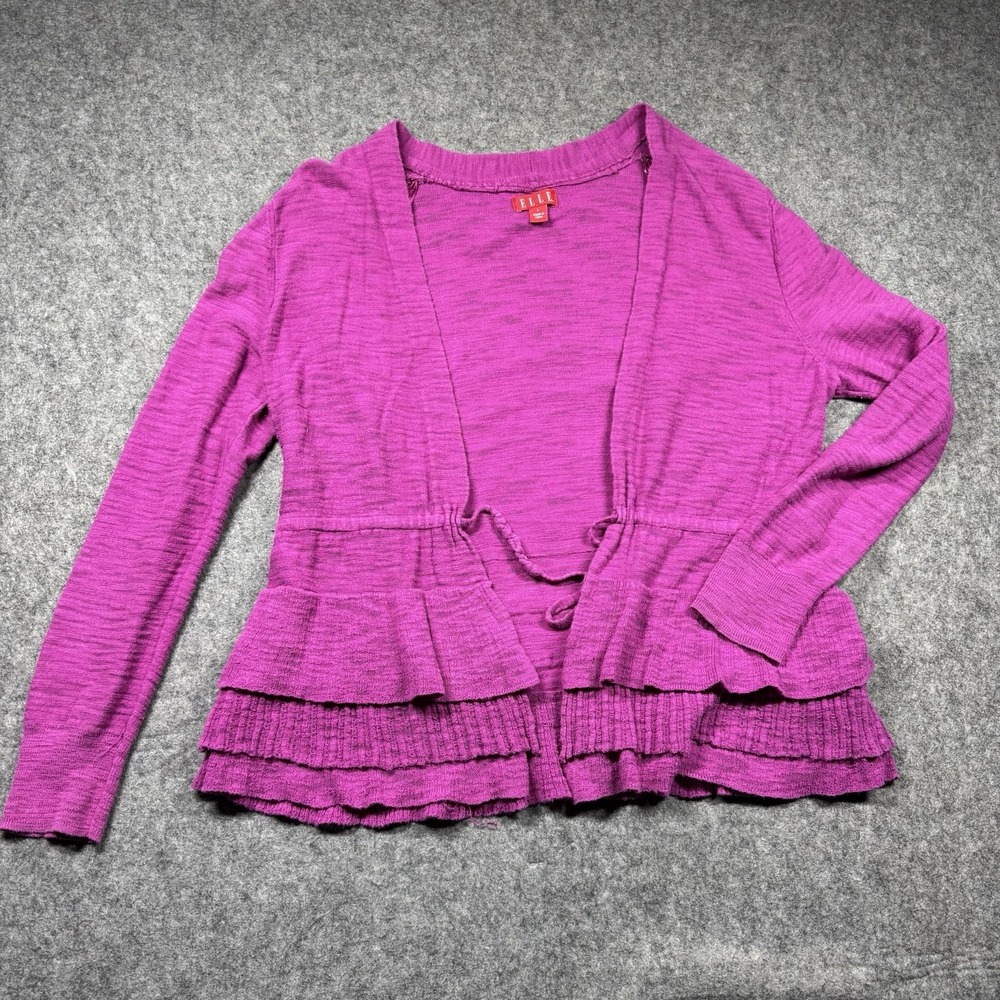 Elle Sweater Cardigan Women's Large Fuchsia‎ Pink Ruffle Waist Tie Preppy Chic